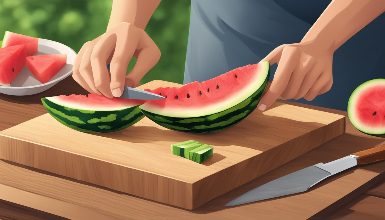 A person cutting and slicing a watermelon into small, bite-sized pieces on a wooden cutting board