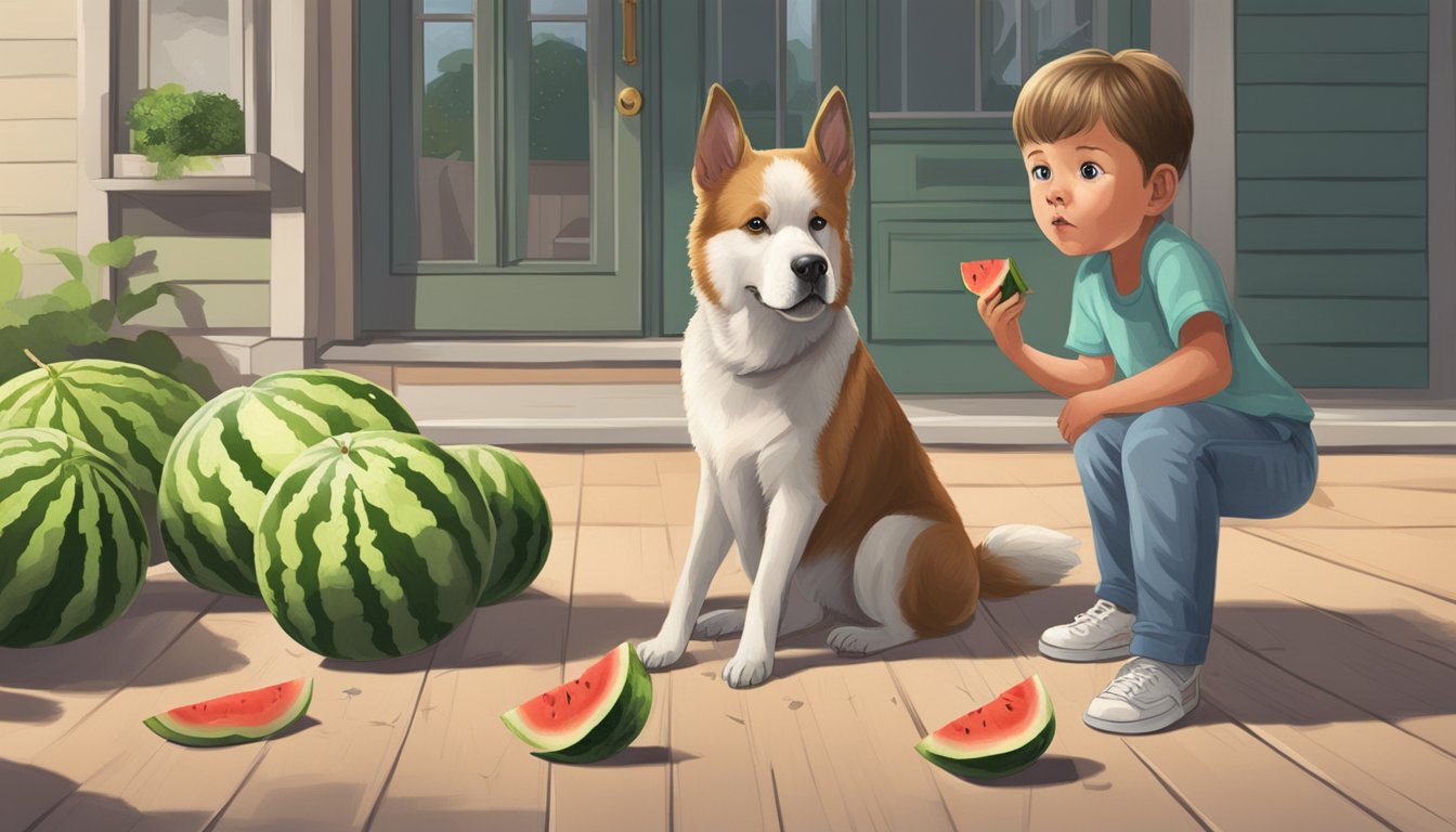 A dog eating watermelon rinds with caution, while a concerned owner looks on