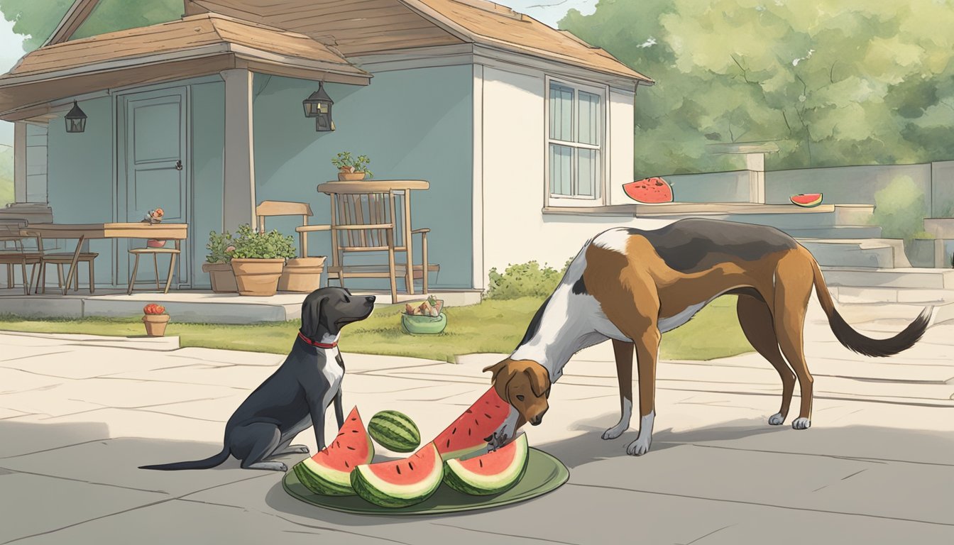 A dog eagerly munches on a slice of watermelon, while another dog watches expectantly nearby. A person is cutting up the watermelon, removing the rind before offering it to the dogs