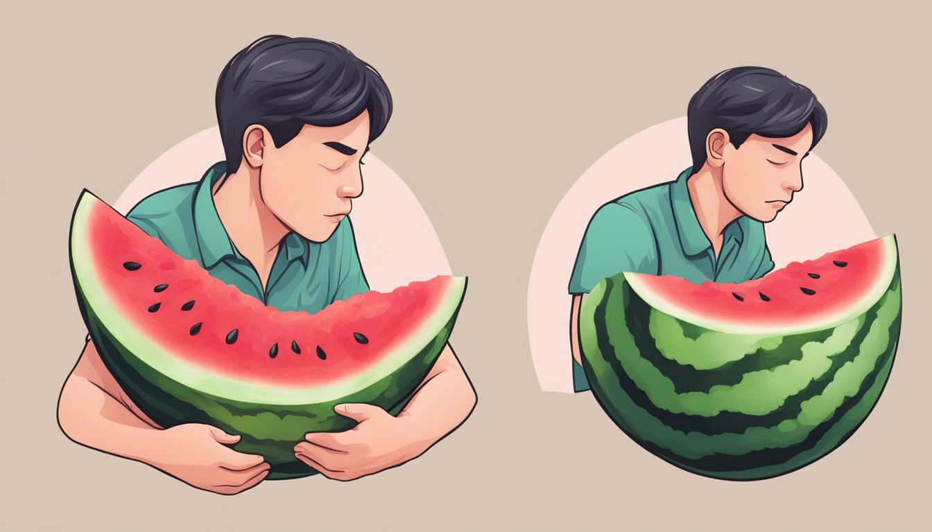 A person eating watermelon and experiencing discomfort in their chest