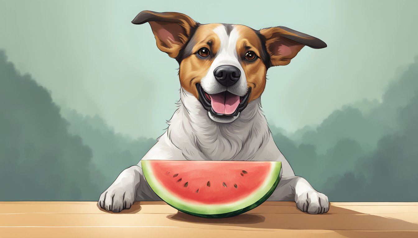 A dog eagerly eating a watermelon rind, with a happy expression and tail wagging