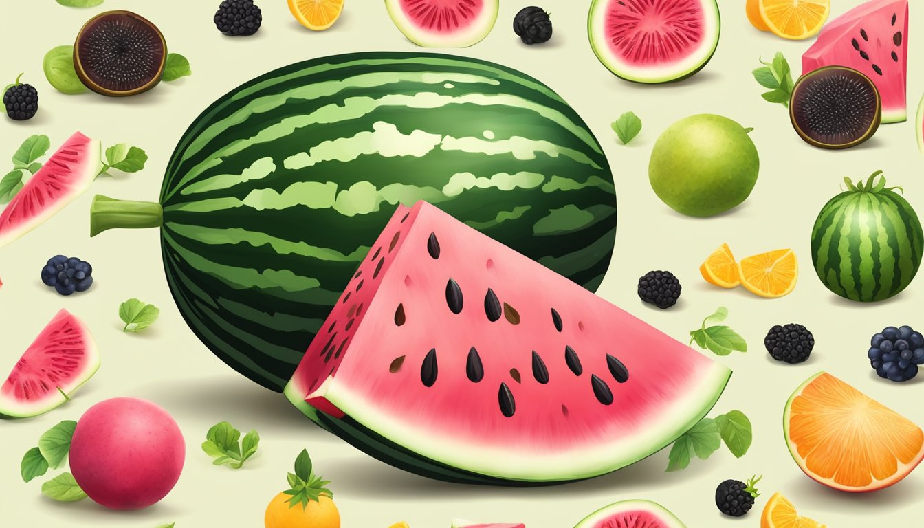 A juicy watermelon with a cut section revealing the vibrant pink flesh and black seeds, surrounded by a variety of fruits and vegetables