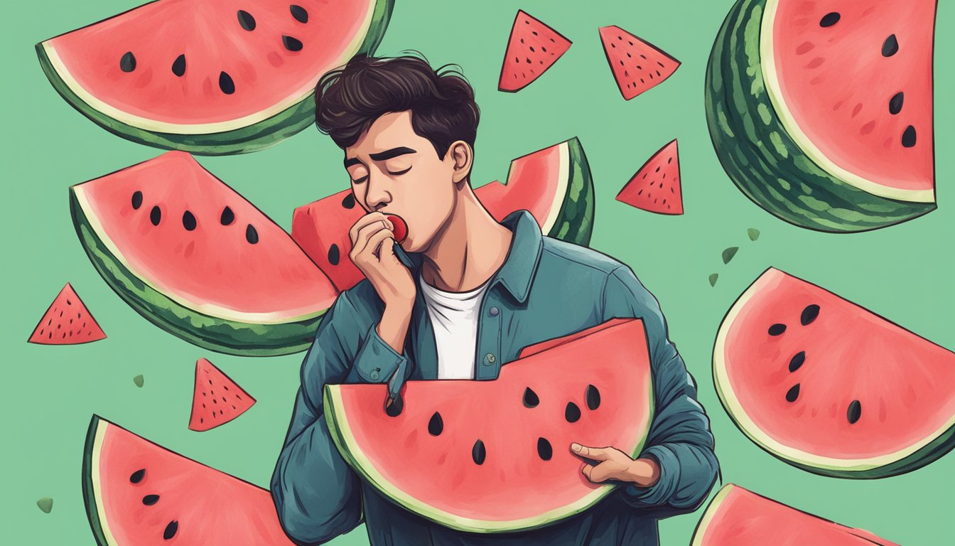 A person eating watermelon with a distressed expression, holding their chest