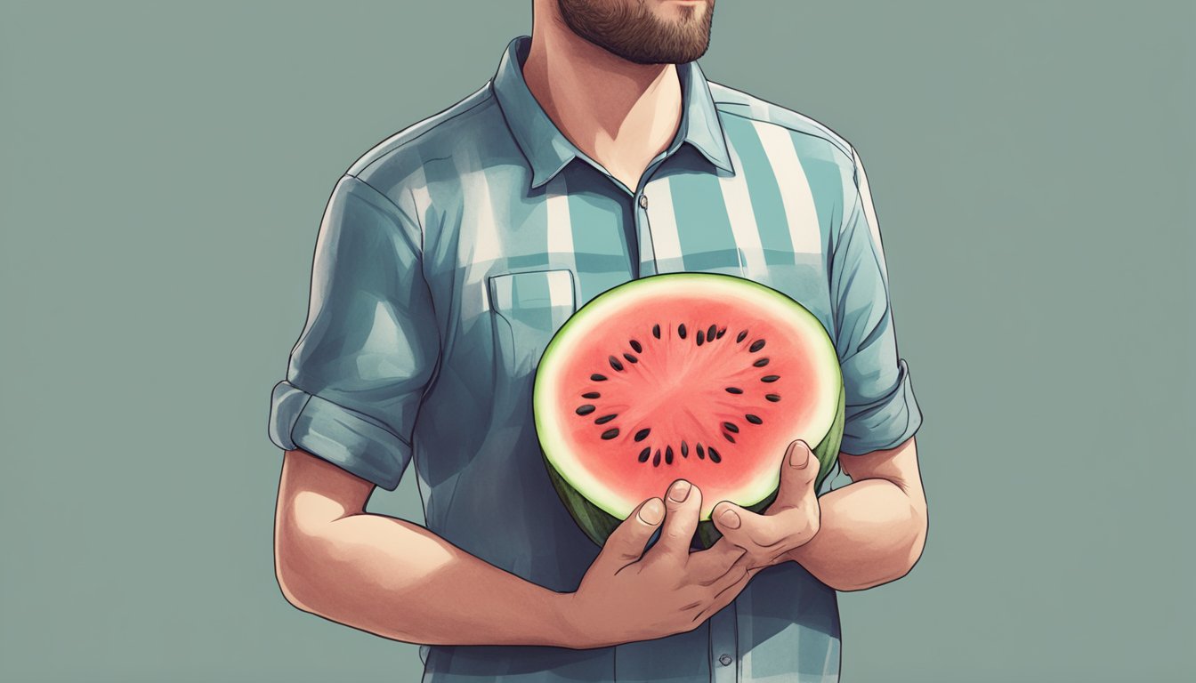 A person holding their chest in discomfort after eating watermelon