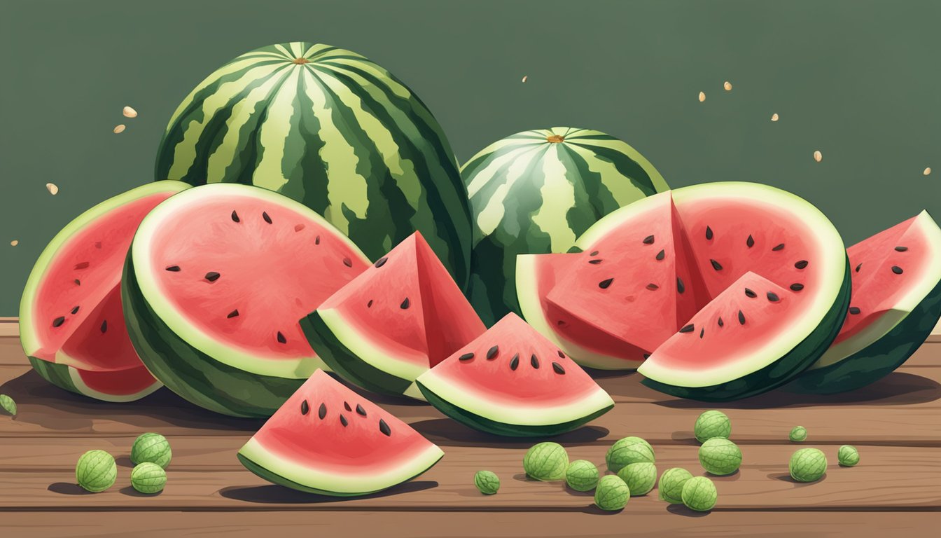 Watermelon seeds scattered on a wooden table, some cracked open, others whole, with a slice of watermelon in the background