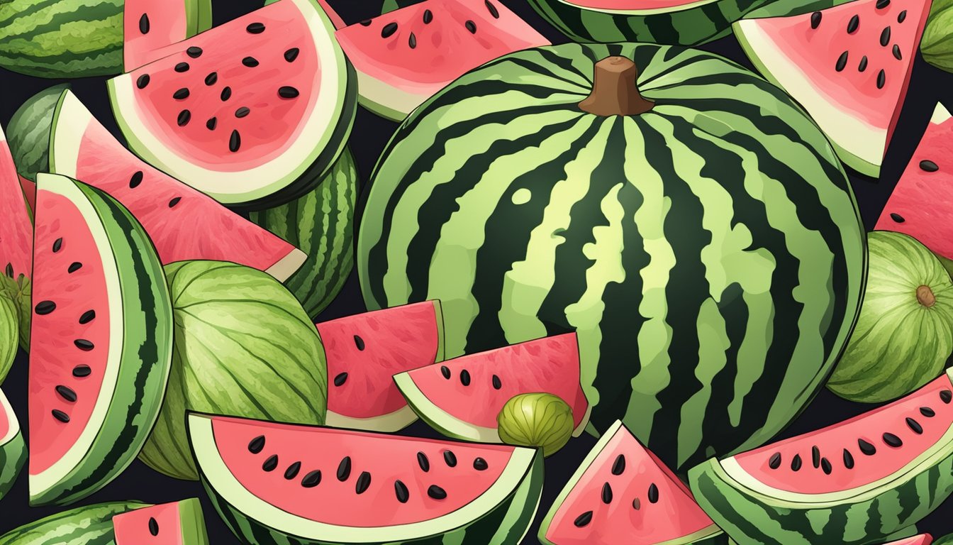 A ripe watermelon sliced open, revealing its juicy pink flesh and black seeds, surrounded by a variety of fruits and vegetables