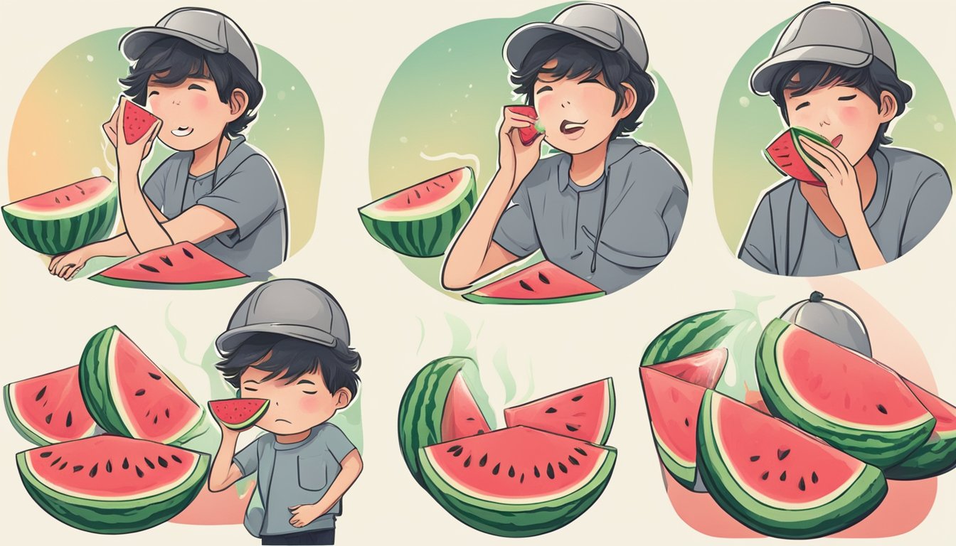 A person eating watermelon and then experiencing heartburn shortly after