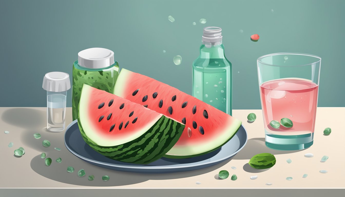 A watermelon slice with scattered seeds on a plate, surrounded by a glass of water and a bottle of medication