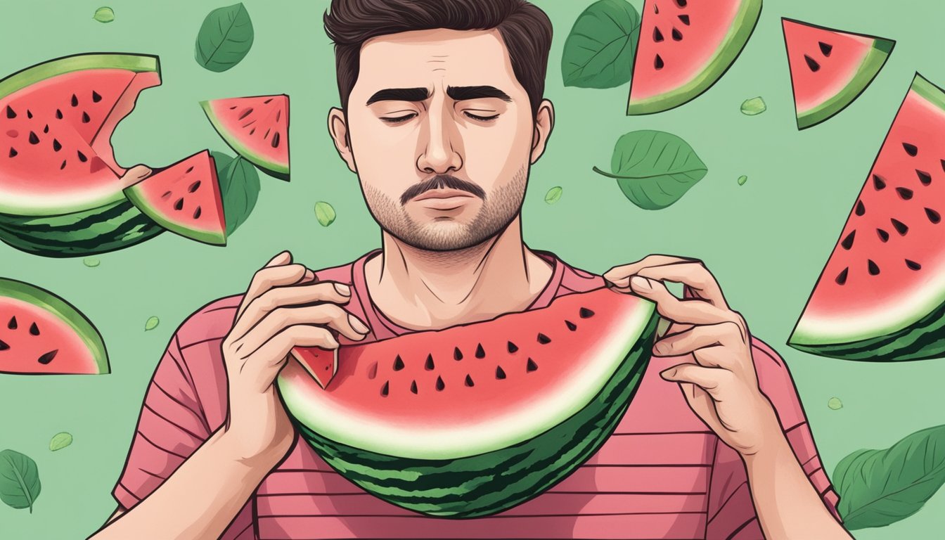 A person eating watermelon and experiencing discomfort in their chest