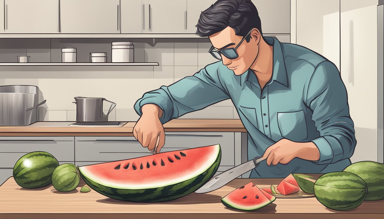 A person cutting open a watermelon and examining the inside for any signs of spoilage or mold