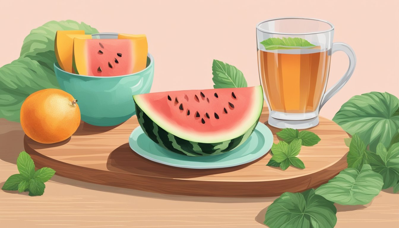 A ripe watermelon sits on a wooden cutting board next to a bowl of sliced papaya and a glass of ginger tea. A mint leaf garnishes the tea