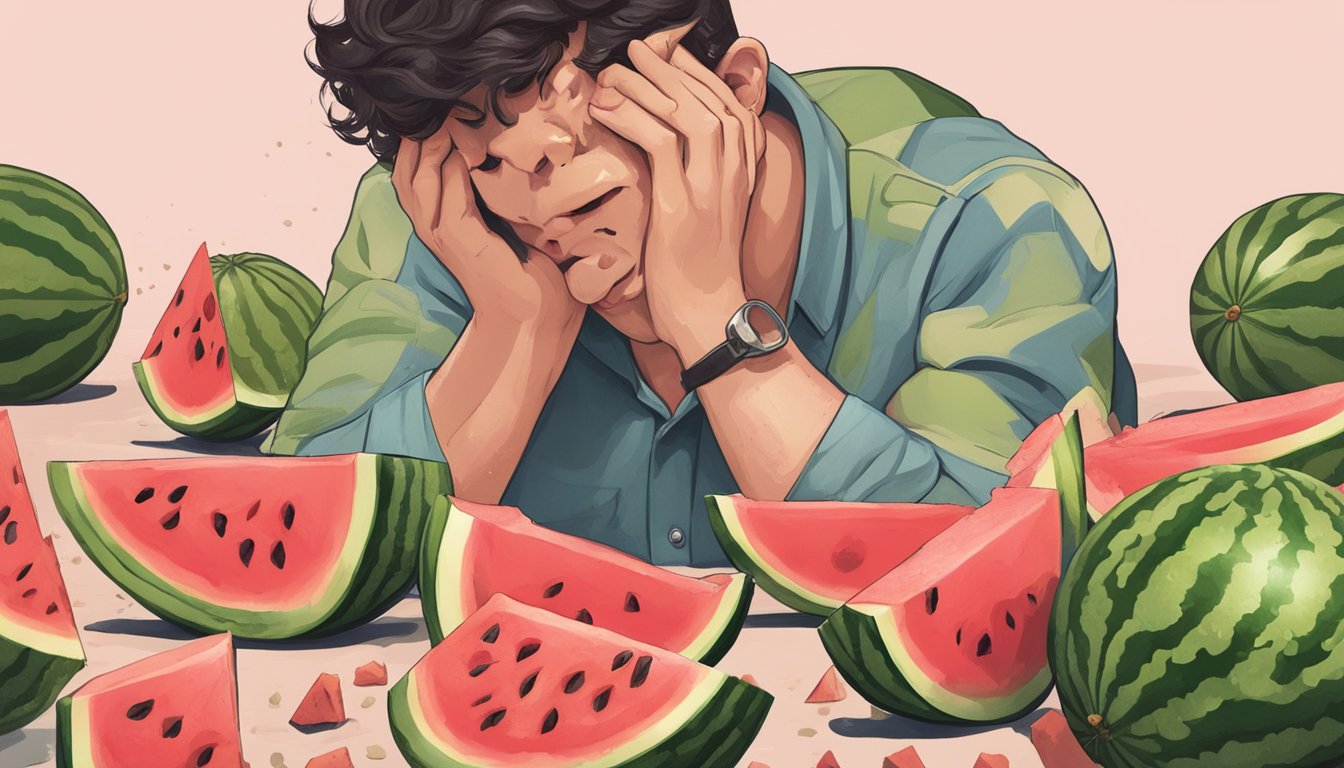 A person looking queasy after eating watermelon, surrounded by discarded rinds and a half-eaten slice