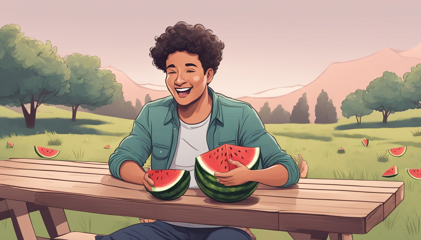 A person sitting at a picnic table, grimacing in discomfort while holding their chest after eating watermelon