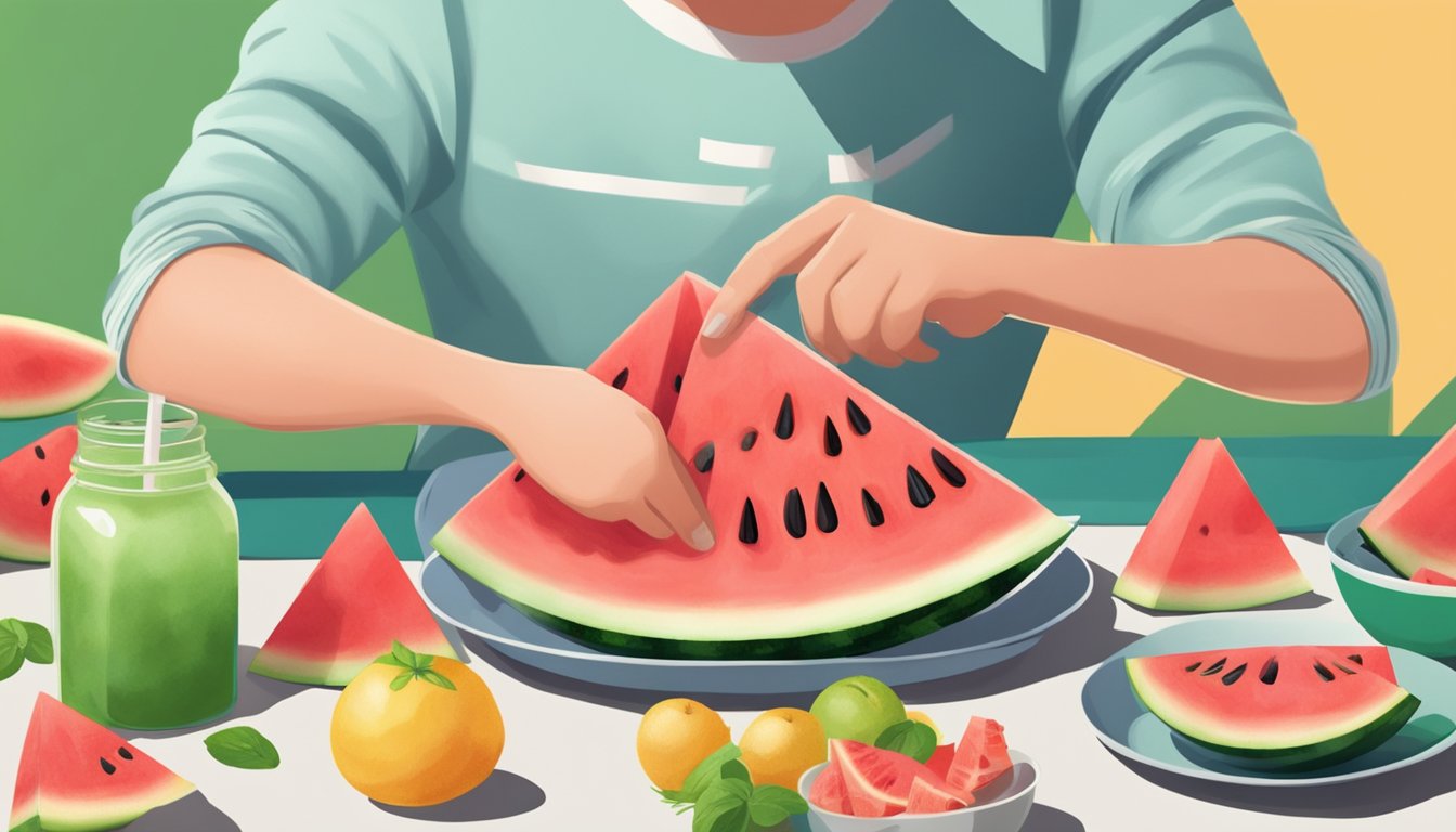 A person cutting a watermelon into slices, placing them on a clean plate, and enjoying a refreshing snack