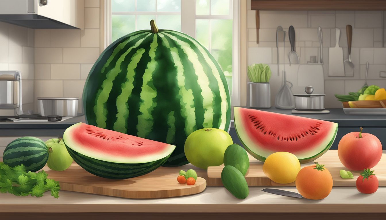 A whole watermelon on a kitchen counter with a knife and cutting board, next to a refrigerator filled with various fruits and vegetables