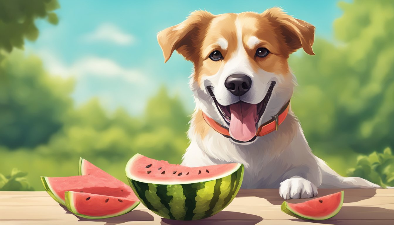 A happy dog eating watermelon outdoors on a sunny day