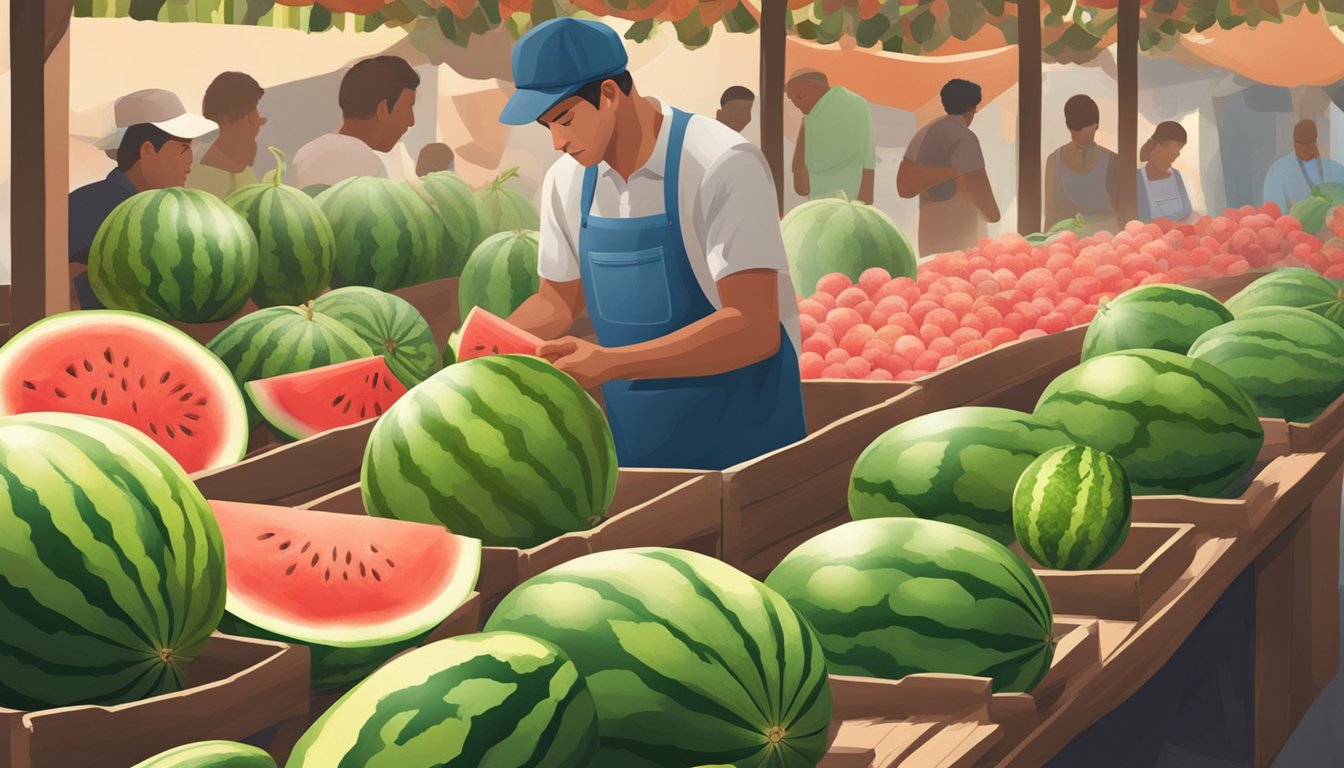 A person carefully examines different watermelons at a market, tapping and inspecting each one for ripeness and quality