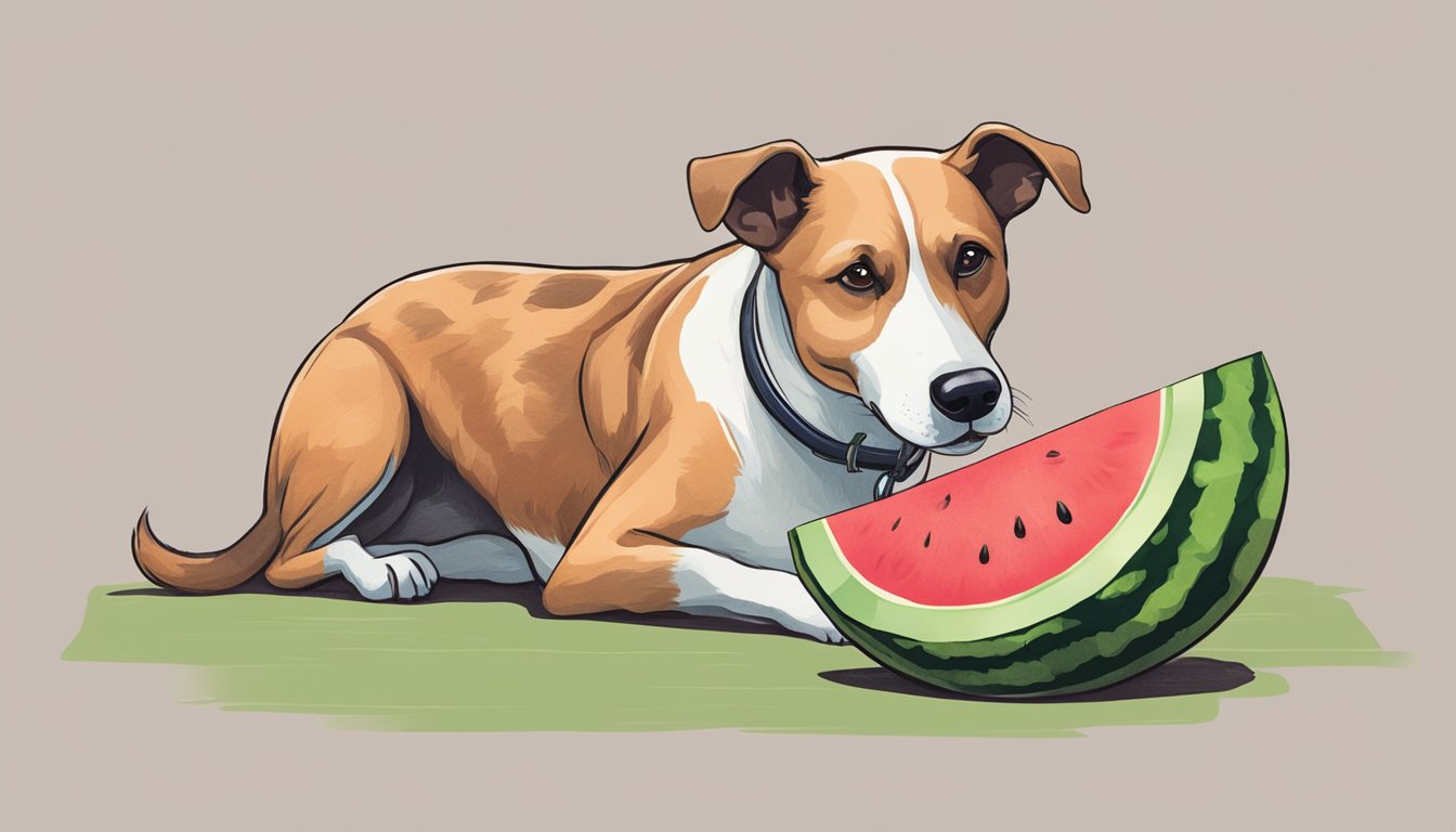 A dog sniffing a watermelon with a concerned expression