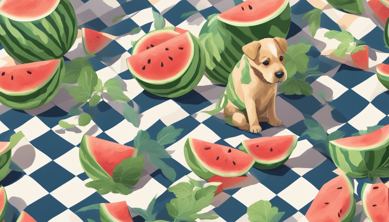 A small puppy cautiously sniffs a slice of watermelon on a checkered picnic blanket in a sunny garden