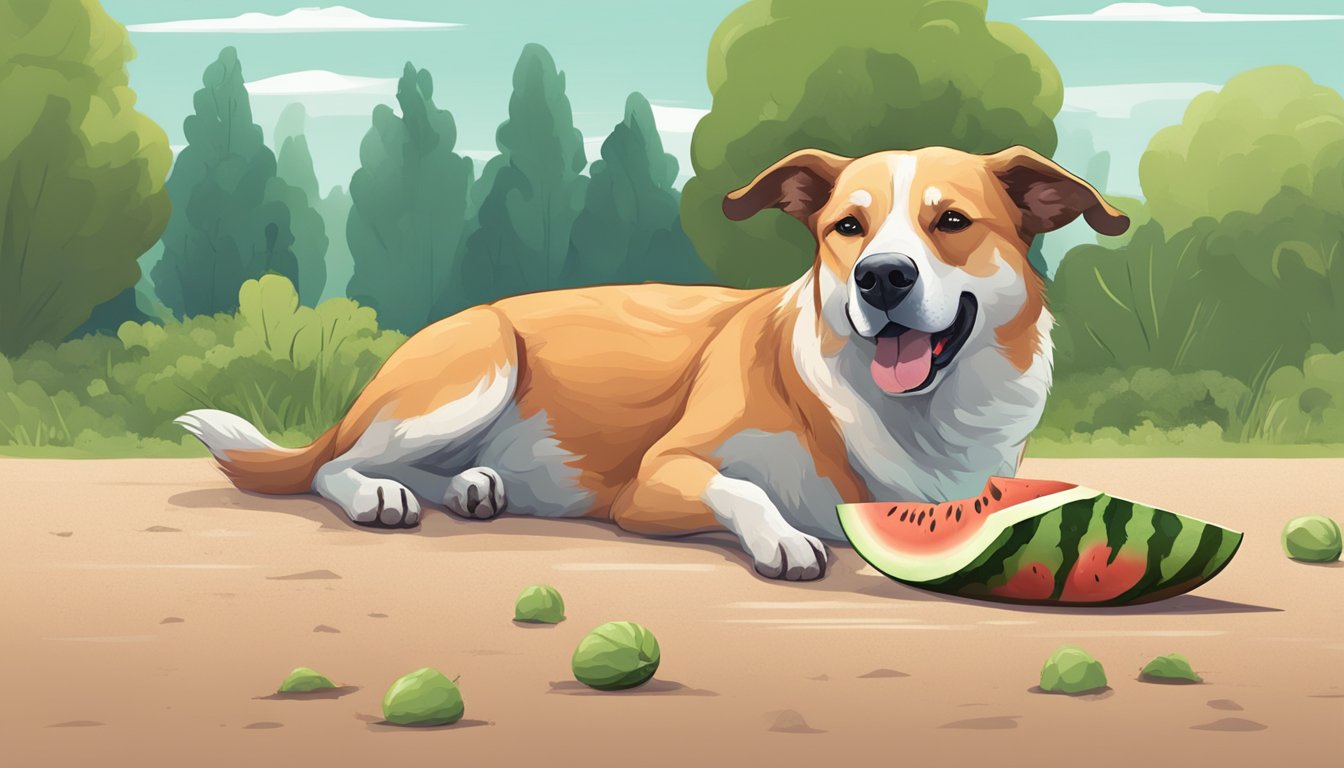 A dog lying on the ground with a half-eaten watermelon nearby, looking lethargic and uncomfortable