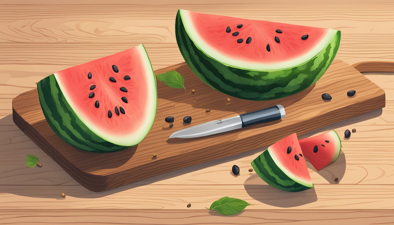 A watermelon sliced open, with seeds scattered across a wooden cutting board. A magnifying glass hovers over the seeds, suggesting exploration