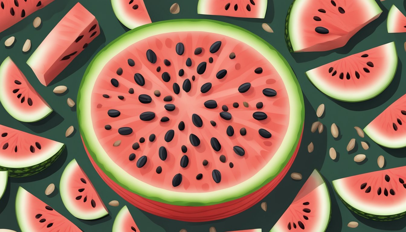 Watermelon seeds arranged in a circular pattern, surrounded by pieces of watermelon flesh. A magnifying glass hovers over the seeds