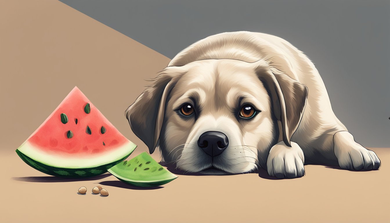 A happy dog sniffs a watermelon slice, while a pile of watermelon seeds sits nearby