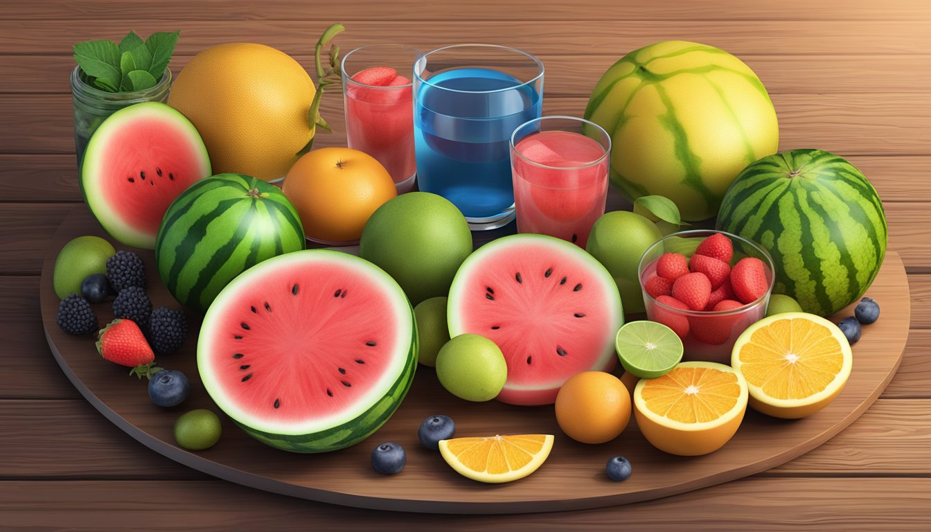 A colorful assortment of fruits, including watermelon, arranged on a wooden table with a glass of water, representing healthy digestion