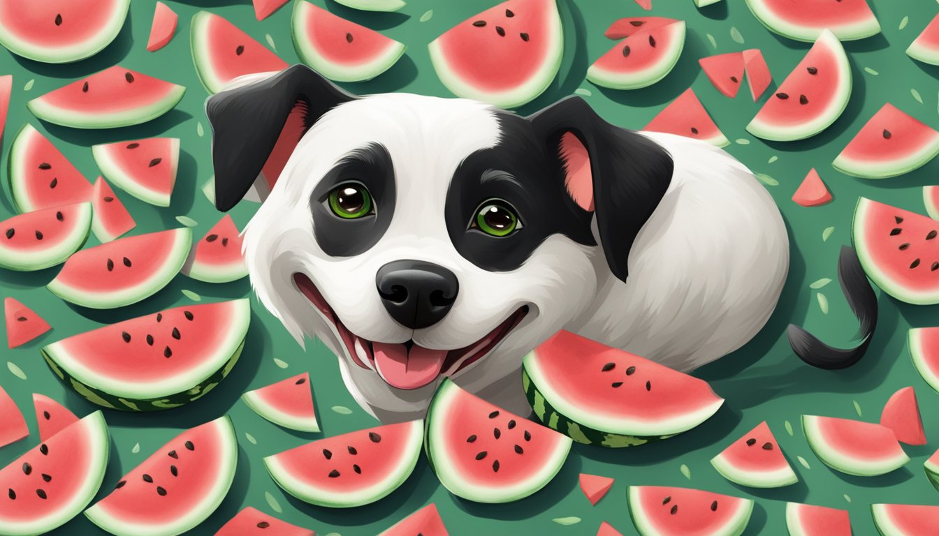 A happy dog eating watermelon, with a pile of seeds nearby