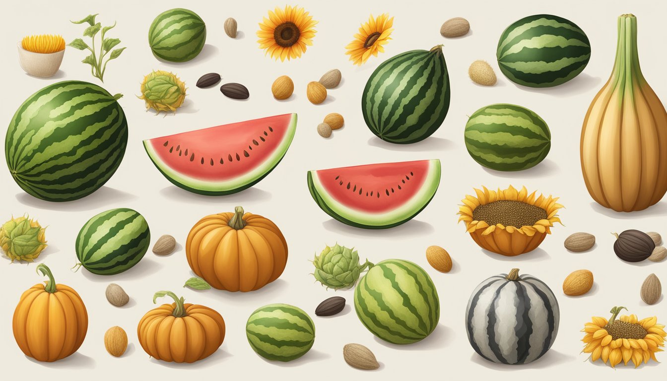 A watermelon seed sits among various other seeds, including sunflower and pumpkin, for comparison