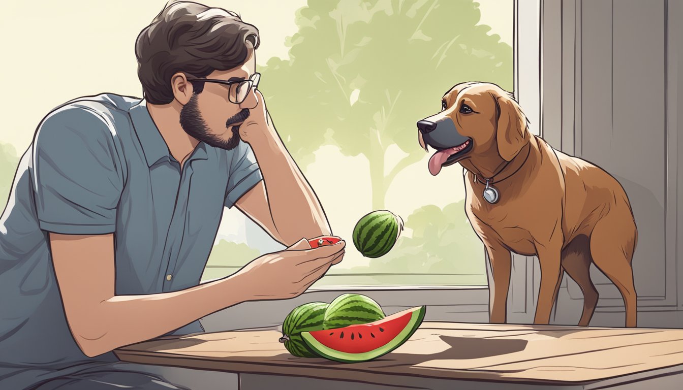 A dog eating watermelon seeds, with a concerned owner looking on