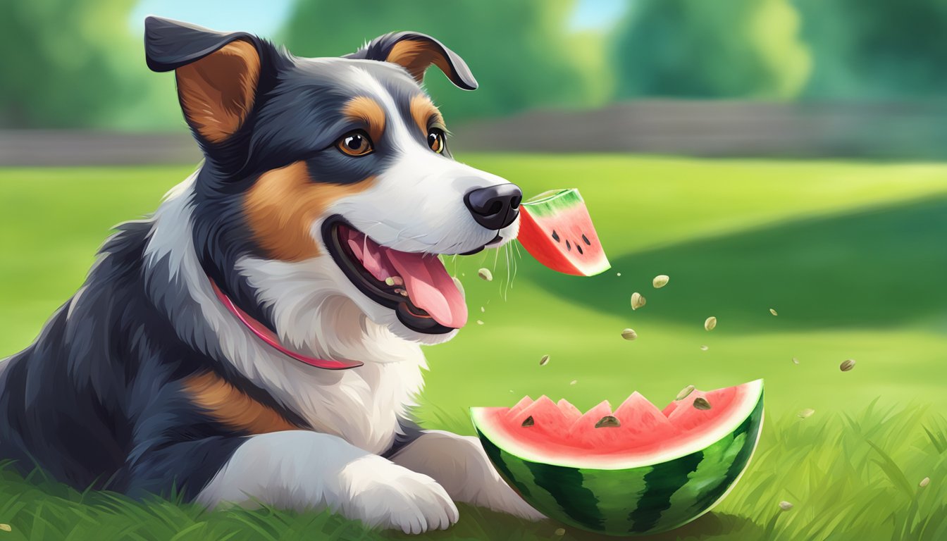 A happy dog eagerly eating watermelon slices, with seeds removed, from a stainless steel bowl on a grassy backyard