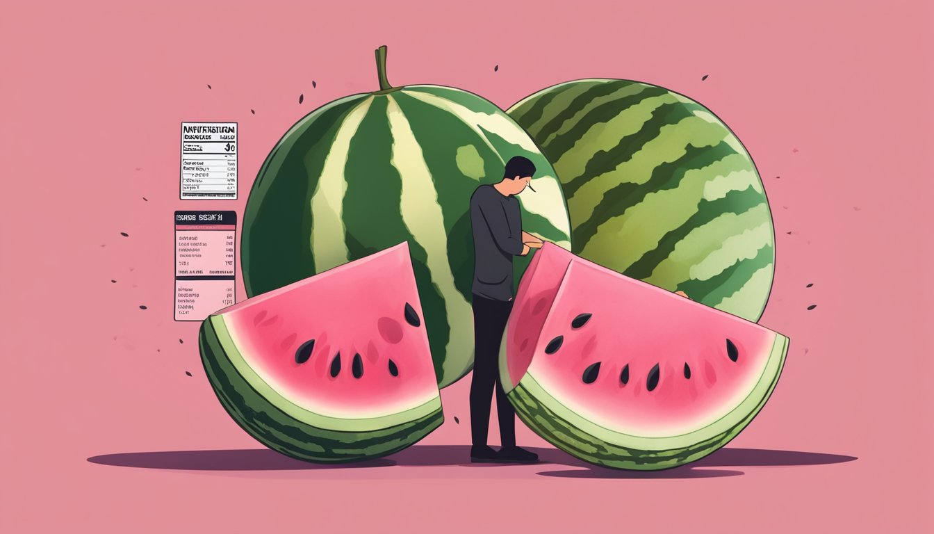 A watermelon sliced open, revealing its vibrant pink flesh and black seeds, with a nutrition label and a person holding their stomach in discomfort