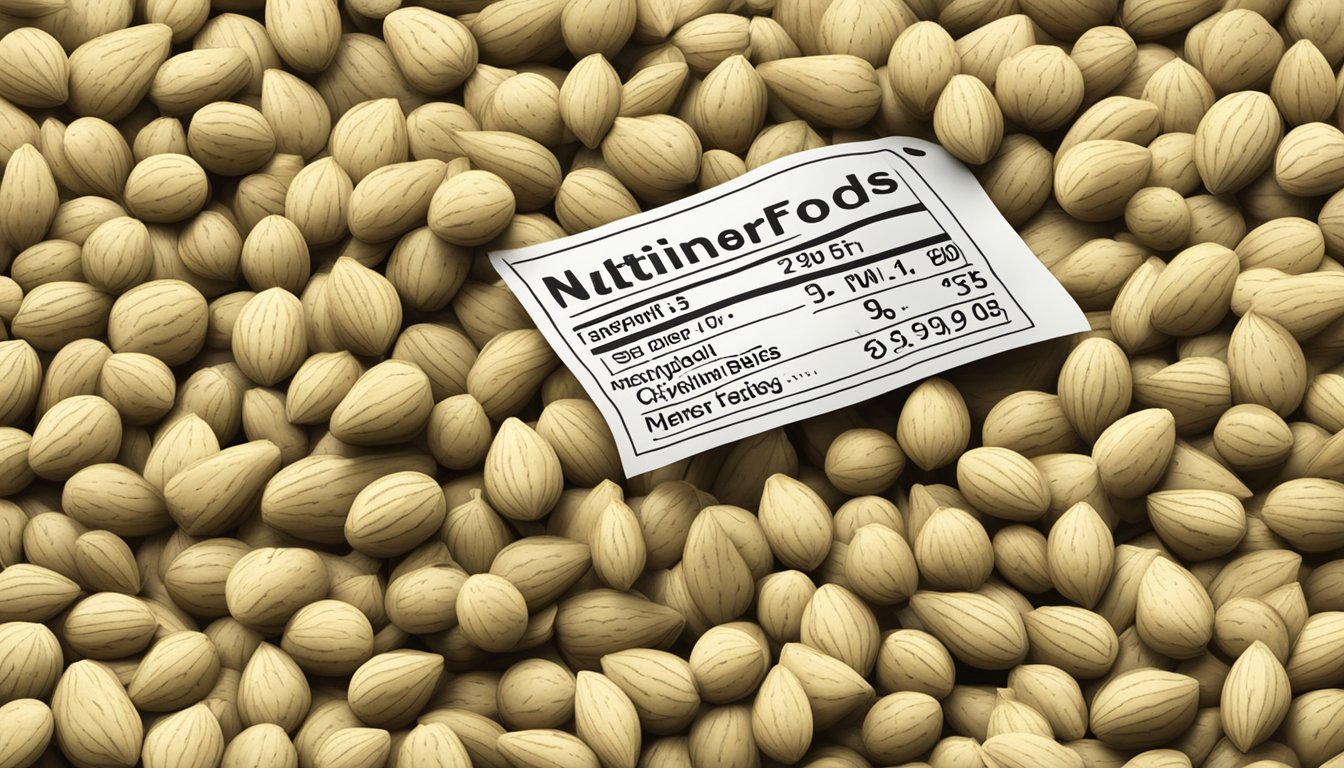 A pile of watermelon seeds arranged next to a nutritional information label, with a question mark above them