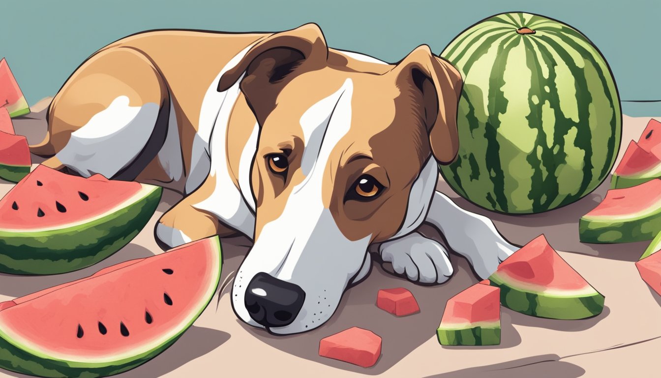 A happy dog eagerly eats watermelon chunks while a pile of rinds sits nearby, illustrating the question of their safety for canine consumption