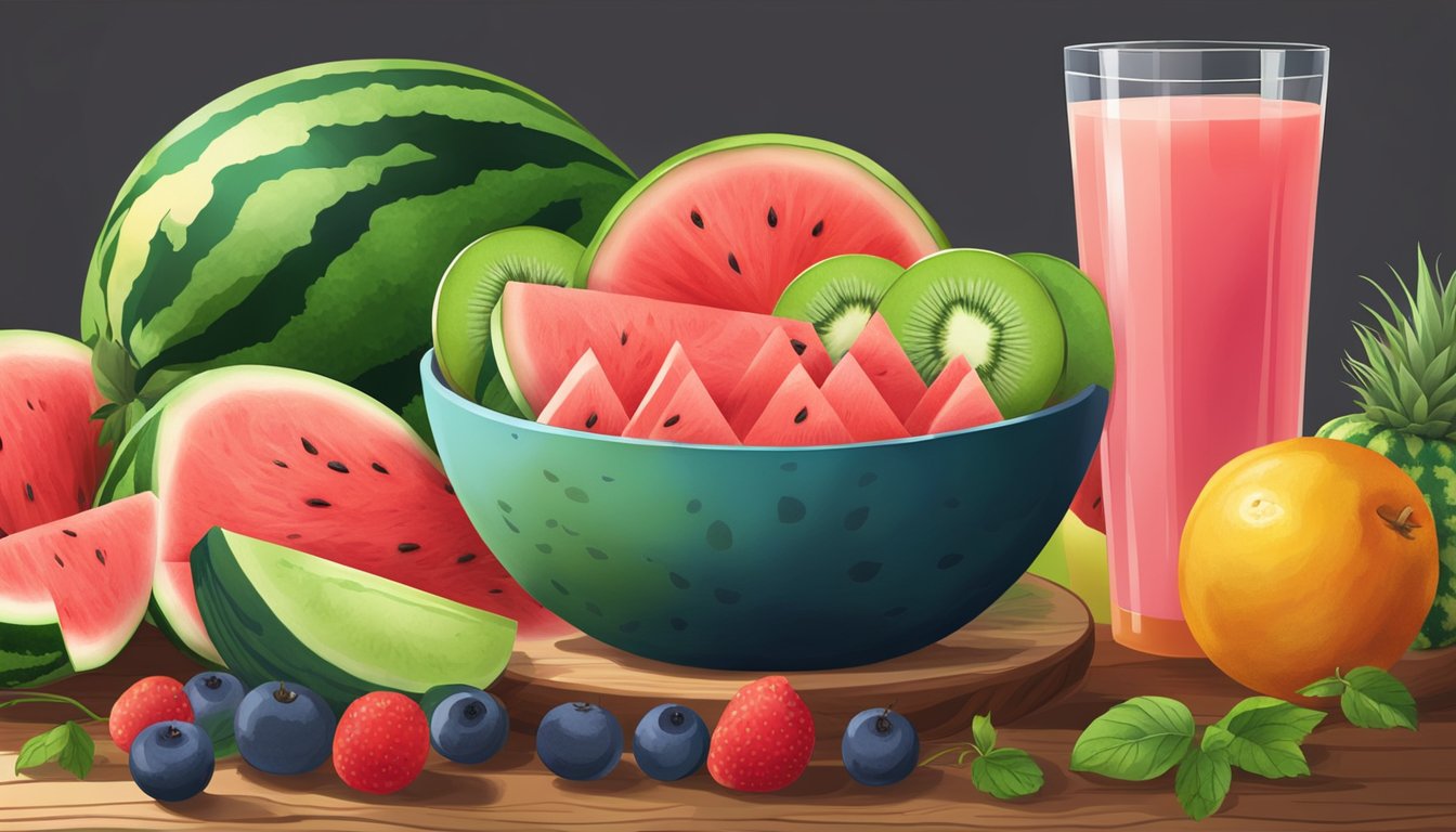 A colorful fruit bowl with a sliced watermelon, surrounded by other fruits and vegetables, sits on a wooden table. A glass of watermelon juice is placed next to it