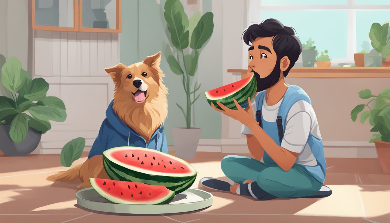 A dog eagerly eating watermelon, with a concerned owner looking on, holding a watermelon rind