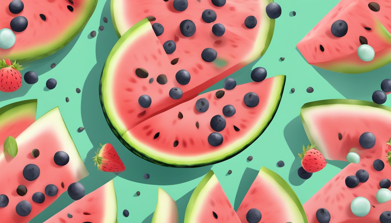 Watermelon seeds being ground into a fine powder and sprinkled on top of a colorful fruit salad