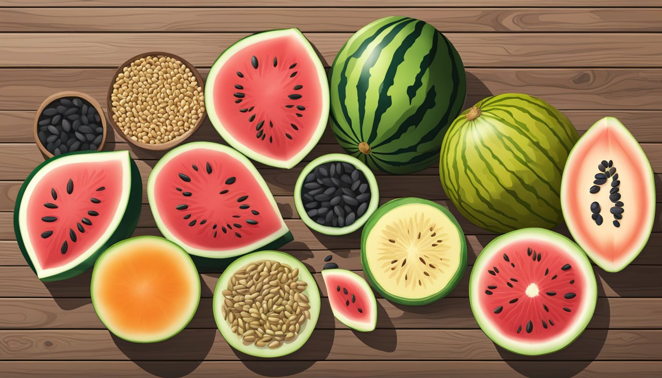 A variety of watermelon seeds spread out on a wooden table, showcasing their different shapes, sizes, and colors