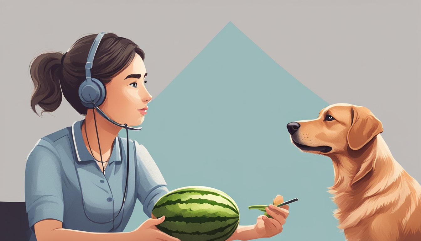 A dog eagerly sniffing at a watermelon rind, while a concerned owner looks on, holding a phone with a veterinarian's number displayed