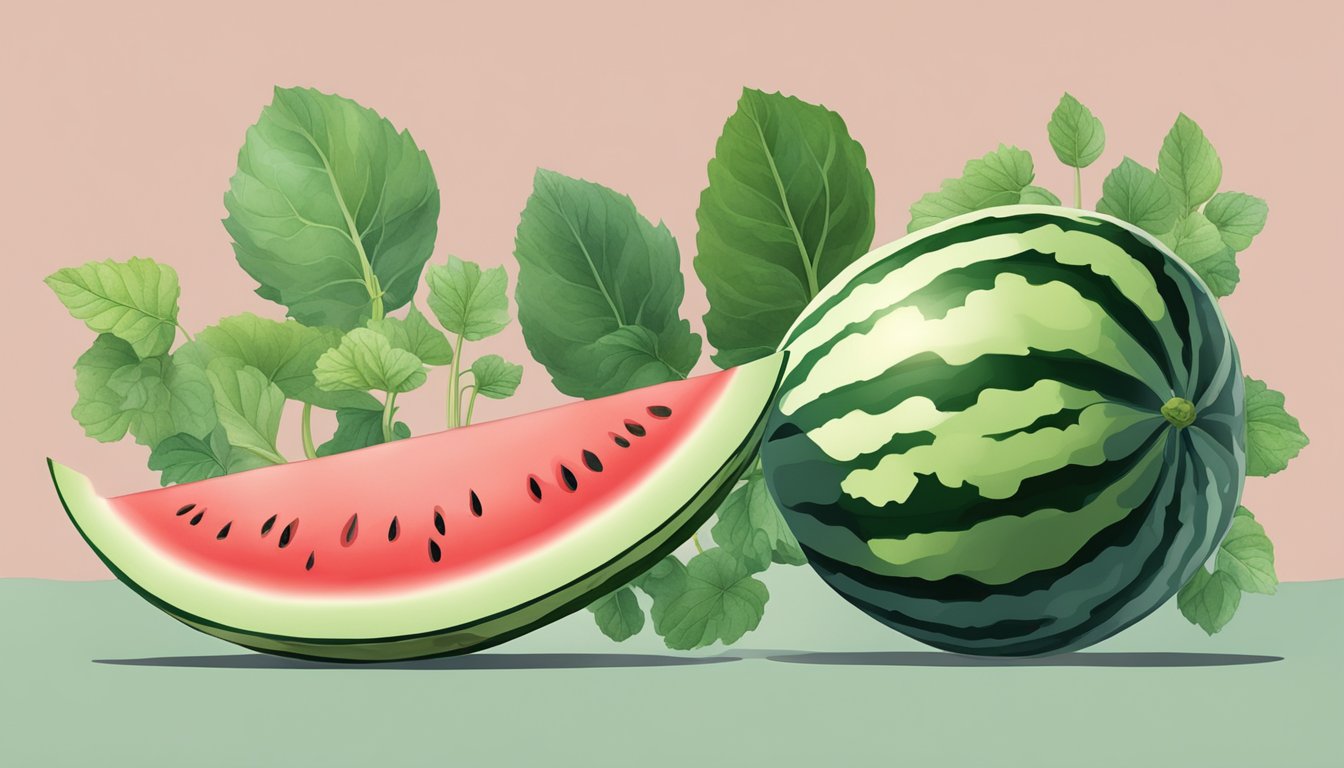 A watermelon and cucumber plant grow side by side, showcasing their similar vine-like stems and leaves