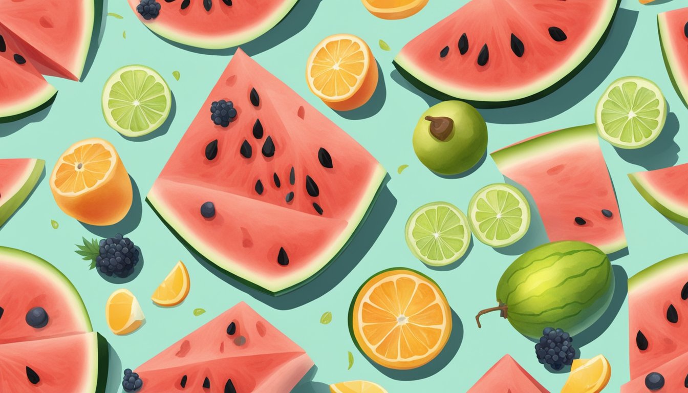 A person cutting watermelon rinds into small pieces, surrounded by various fruits and a glass of water