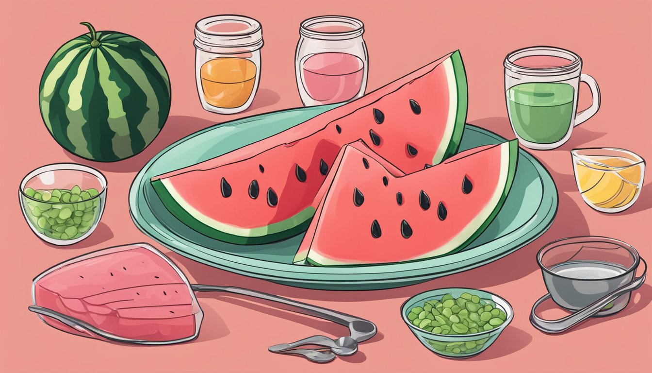 A slice of watermelon on a plate, surrounded by measuring cups and a keto food guide