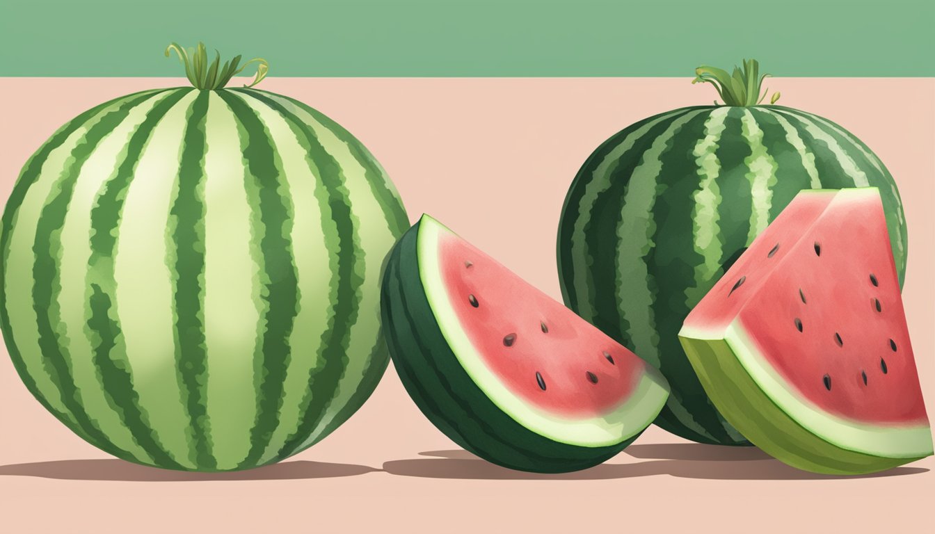 A watermelon and cucumber sit side by side, showcasing their similar green and striped exteriors. A nutrition label hovers above, displaying their respective profiles