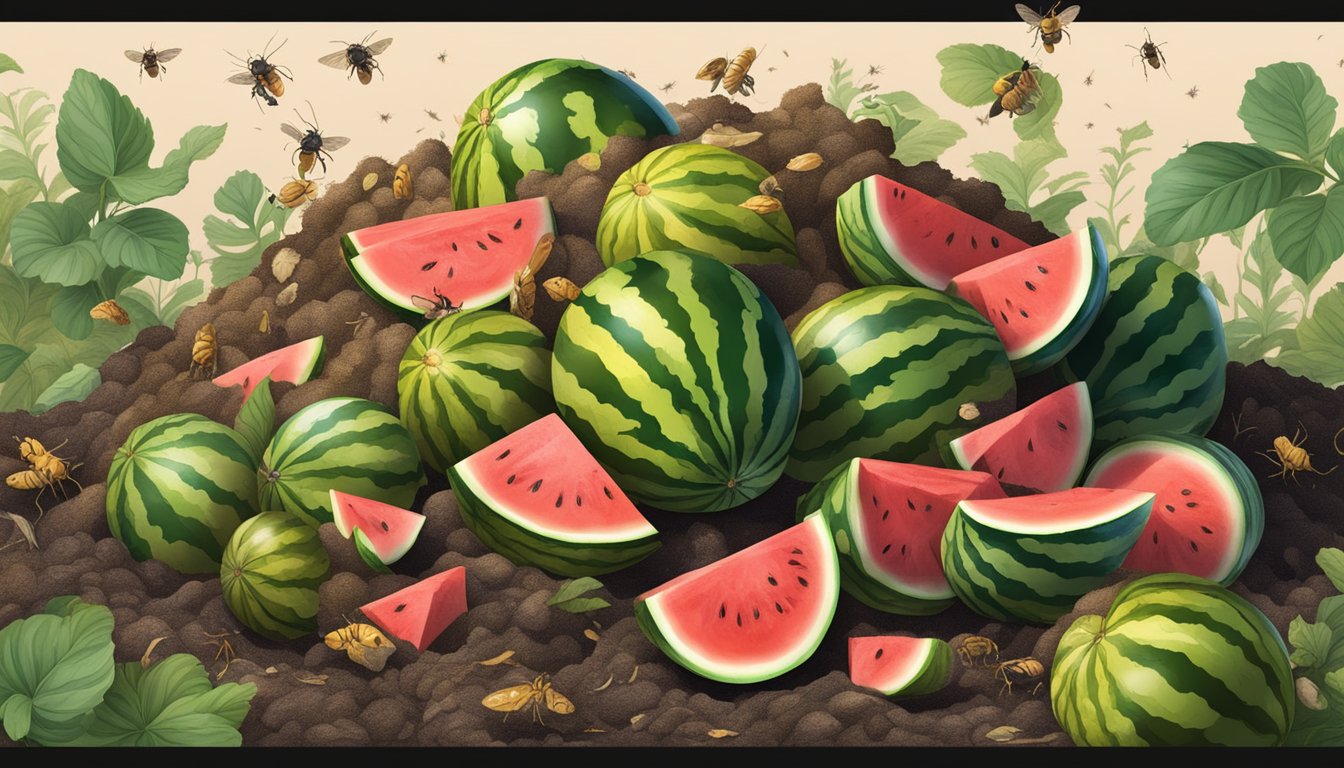 A pile of discarded watermelon rinds on a compost heap, surrounded by buzzing flies and crawling insects