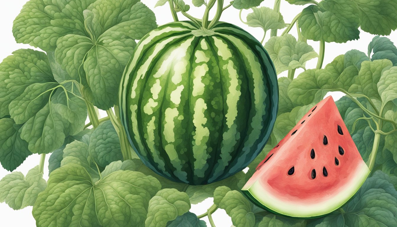 A watermelon and a cucumber growing on vines, intertwined with each other, showcasing their hybridization and breeding process