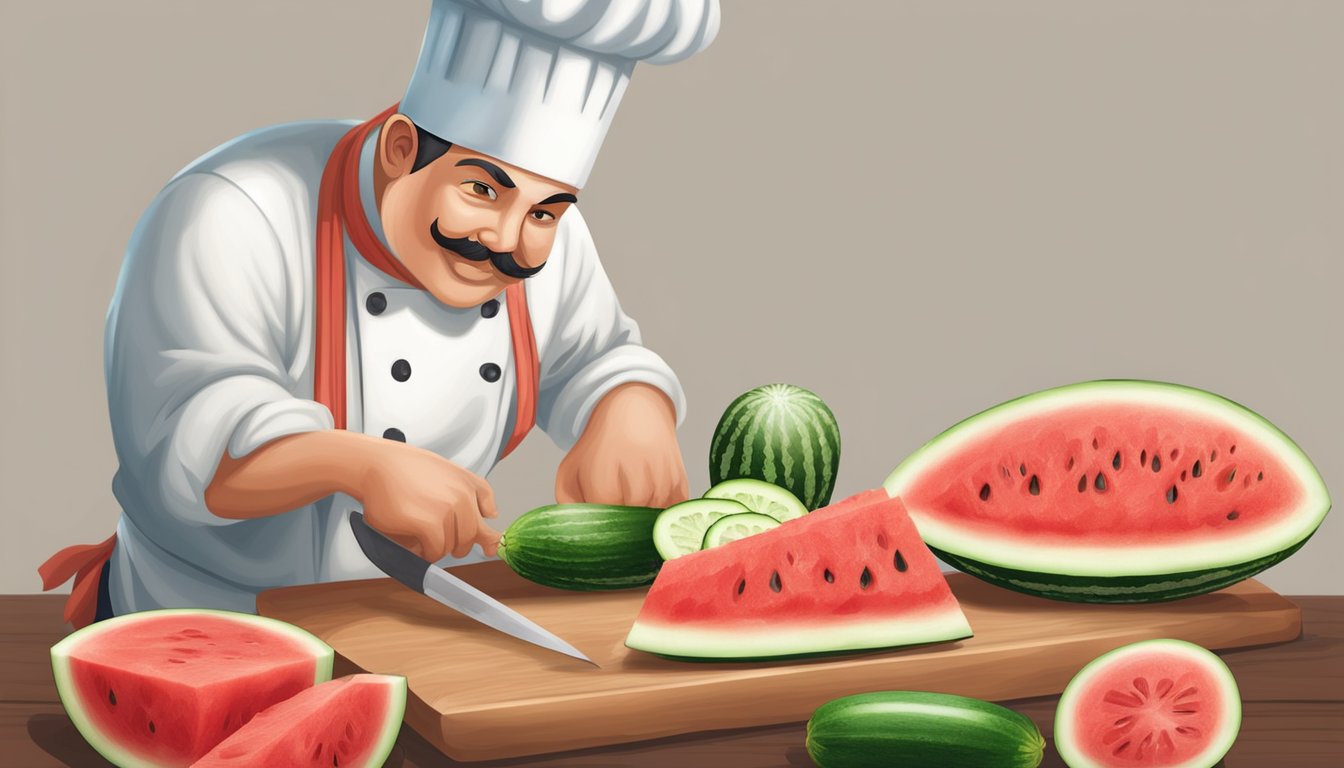 A chef slicing a watermelon and cucumber side by side on a wooden cutting board