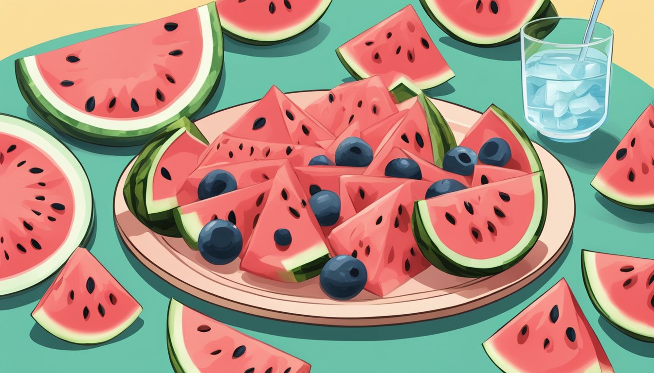 A plate piled high with watermelon slices, surrounded by keto-friendly snacks and a measuring cup of water