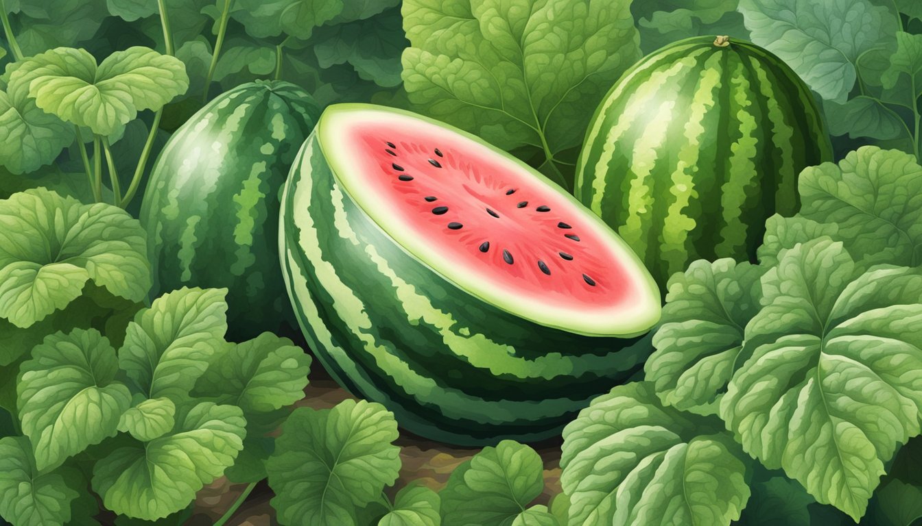 A watermelon and cucumber growing side by side in a garden, surrounded by lush green leaves and vines