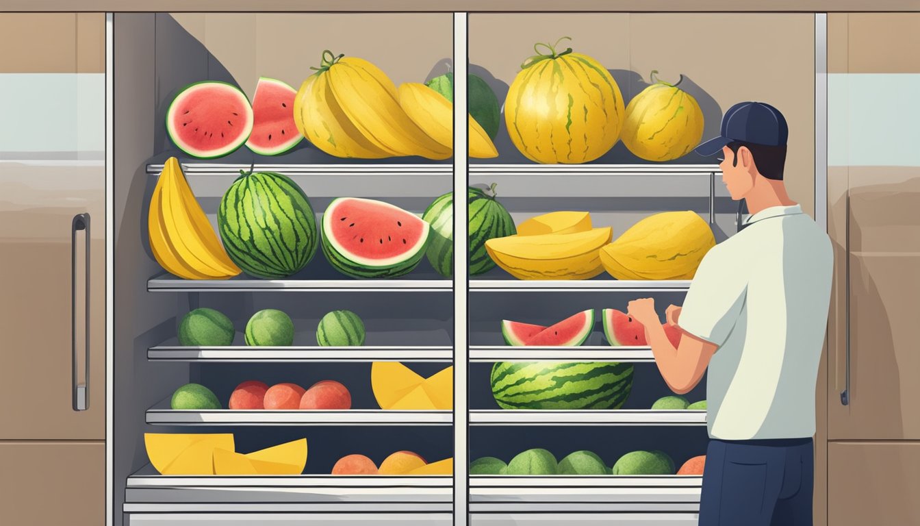 A person selecting a ripe, yellow watermelon from a grocery store display and then placing it in a refrigerator at home for storage